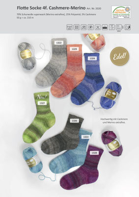 Das Bild zeigt die Farbkarte des Sockengarns Flotte Socke Cashmere-Merino mit Wollknäuel und Socken