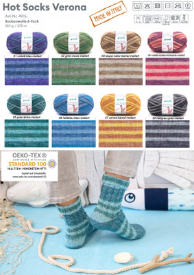 Das Foto zeigt die Farbkarte des Sockengarns Gründl Hot Socks Verona 6fach. Abgebildet sind alle erhältlichen Farben mit Knäueln und der entsprechenden Farbe.