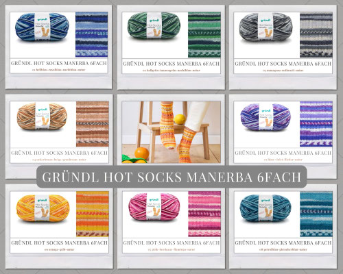 Das Foto zeigt die Farbkarte des Sockengarns Gründl Hot Socks Manerba 6fach. Abgebildet sind alle erhältlichen Farben mit Knäueln und der entsprechenden Farbe.