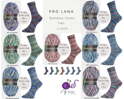 Das Bild zeigt die Farbkarte des Sockengarns Pro Lana Bamboo Socks color Two. Abgebildet sind die Knäuel und Socken mit dem entsprechenden Farbverlauf