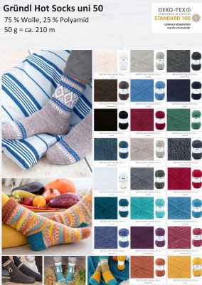 Das Foto zeigt die Farbkarte des Sockengarns Gründl Hot Socks uni 50 mit Beispielsocken und den erhältlichen Farben