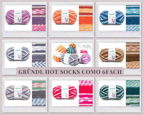 Das Foto zeigt die Farbkarte des Sockengarns Gründl Hot Socks Como 6fach. Abgebildet sind alle erhältlichen Farben mit Knäueln und der entsprechenden Farbe.