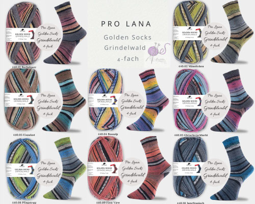 Das Bild zeigt die Farbkarte des Sockengarns Pro Lana Golden Socks Grindelwald mit Knäueln und Socken mit entsprechendem Farbverlauf