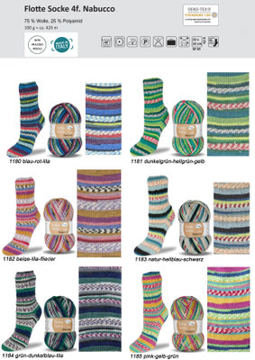 Das Bild zeigt die Farbkarte des Sockengarns Flotte Socke Nabucco mit Wollknäuel und Socken