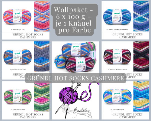 Das Foto zeigt das Wollpaket des Sockengarns Gründl Hot Socks Cashmere. Abgebildet sind Knäuel und Socken mit dem entsprechenden Farbverlauf.