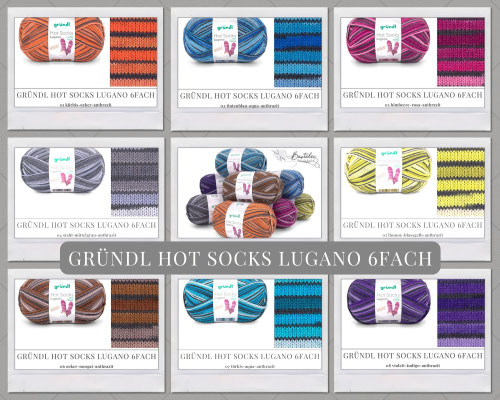Das Foto zeigt die Farbkarte des Sockengarns Gründl Hot Socks Lugano 6fach. Abgebildet sind alle erhältlichen Farben mit Knäueln und der entsprechenden Farbe.