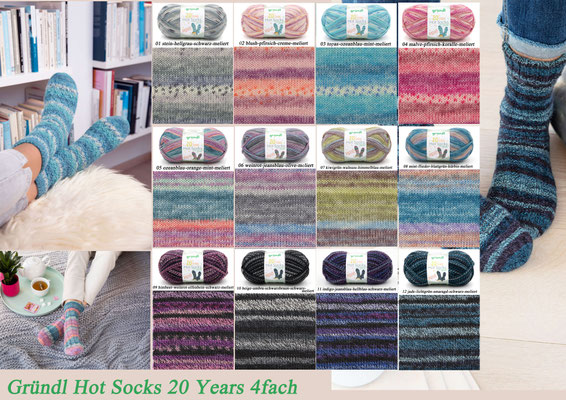 Das Bild zeigt die Farbkarte des Sockengarns Gründl Hot Socks 20 Years mit Wollknäuel und Socken