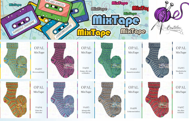 Das Bild zeigt die Farbkarte des Sockengarns Opal Mixtape mit Knäueln und Socken mit entsprechendem Farbverlauf