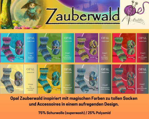 Das Foto zeigt die Farbkarte des Sockengarns Opal Zauberwald