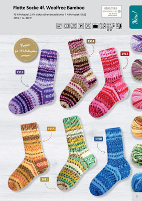 Das Bild zeigt die Farbkarte des Sockengarns Flotte Socke Woolfree Bamboo mit Wollknäuel und Socken