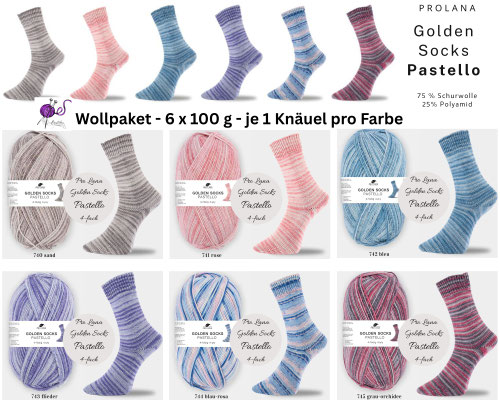 Das Foto zeigt das Wollpaket des Sockengarns Pro Lana Golden Socks Pastello. Abgebildet sind Knäuel und Socken mit dem entsprechenden Farbverlauf.