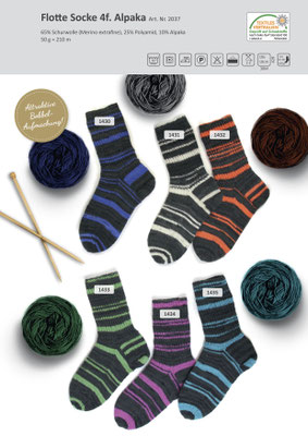 Das Bild zeigt die Farbkarte des Sockengarns Flotte Socke Alpaka mit Wollknäuel und Socken