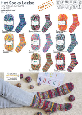 Das Foto zeigt die Farbkarte des Sockengarns Gründl Hot Socks Lazise 6fach. Abgebildet sind alle erhältlichen Farben mit Knäueln und der entsprechenden Farbe.