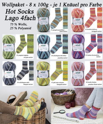 Das Foto zeigt das Wollpaket des Sockengarns Gründl Hot Socks Lago. Abgebildet sind Knäuel und Socken mit dem entsprechenden Farbverlauf.