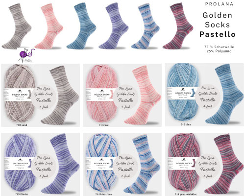 Das Bild zeigt die Farbkarte des Sockengarns Pro Lana Golden Socks Pastello. Abgebildet sind die Knäuel und Socken mit dem entsprechenden Farbverlauf
