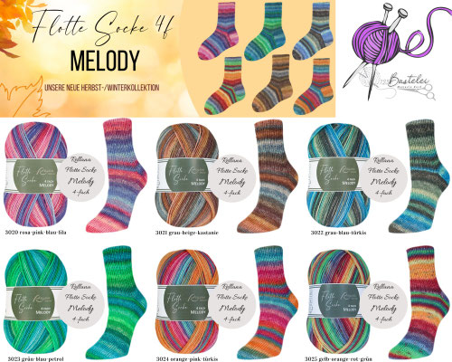 Das Bild zeigt die Farbkarte des Sockengarns Flotte Socke Melody mit Wollknäuel und Socken