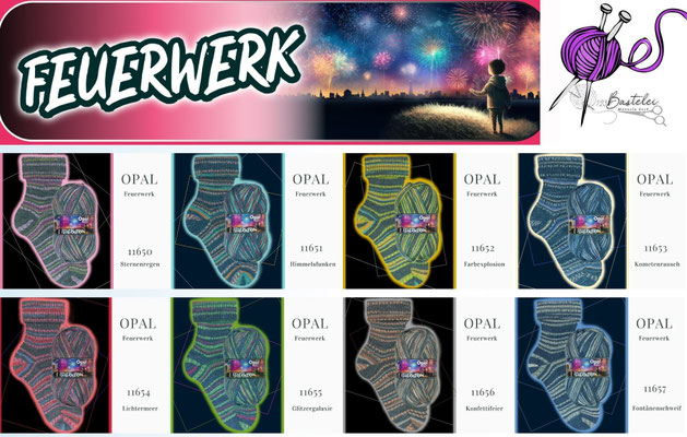 Das Foto zeigt die Farbkarte des Sockengarns Opal Feuerwerk