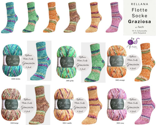 Das Bild zeigt die Farbkarte des Sockengarns Flotte Socke Graziosa mit Wollknäuel und Socken