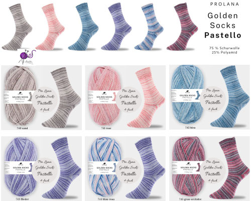 Das Bild zeigt die Farbkarte des Sockengarns Pro Lana Golden Socks Pastello mit Knäueln und Socken mit entsprechendem Farbverlauf