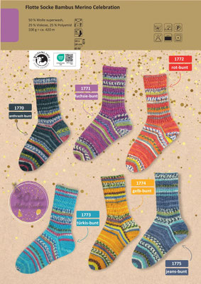 Das Bild zeigt die Farbkarte des Sockengarns Flotte Socke Bambus Merino Celebration mit Wollknäuel und Socken