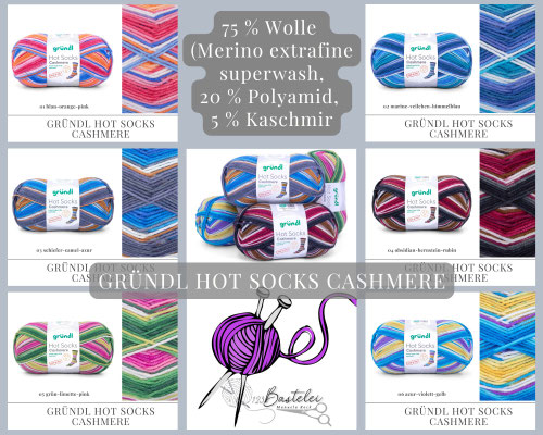 Das Foto zeigt die Farbkarte des Sockengarns Gründl Hot Socks Cashmere. Abgebildet sind die Wollknäuel mit den zugehörigen Farbverläufen.