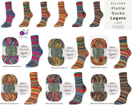 Das Bild zeigt die Farbkarte des Sockengarns Rellana Flotte Socke Legato mit Knäueln und Socken mit entsprechendem Farbverlauf