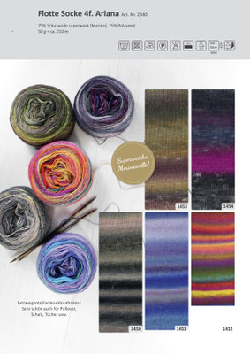 Das Bild zeigt die Farbkarte des Sockengarns Flotte Socke Ariana mit Wollknäuel und Socken