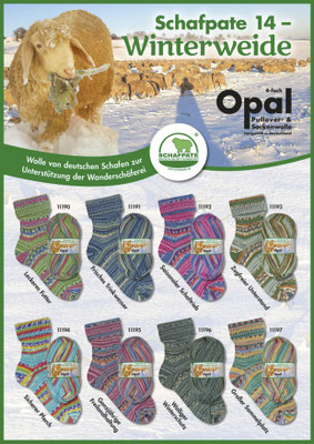 Das Foto zeigt die Farbkarte des Sockengarns Opal Schafpate 14