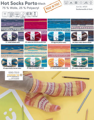 Das Foto zeigt die Farbkarte des Sockengarns Gründl Hot Socks Porto 6fach. Abgebildet sind alle erhältlichen Farben mit Knäueln und der entsprechenden Farbe.