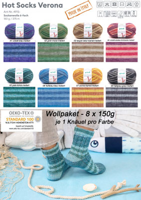 Das Foto zeigt die Farbkarte des Sockengarn-Wollpaketes Gründl Hot Socks Verona 6fach. Abgebildet sind alle erhältlichen Farben mit Knäueln und der entsprechenden Farbe.