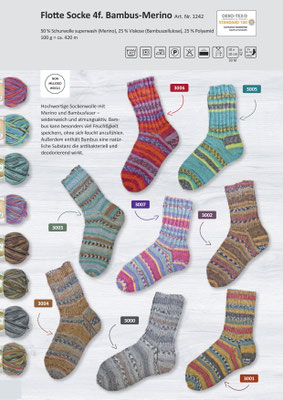 Das Bild zeigt die Farbkarte des Sockengarns Flotte Socke Bambus Merino mit Wollknäuel und Socken