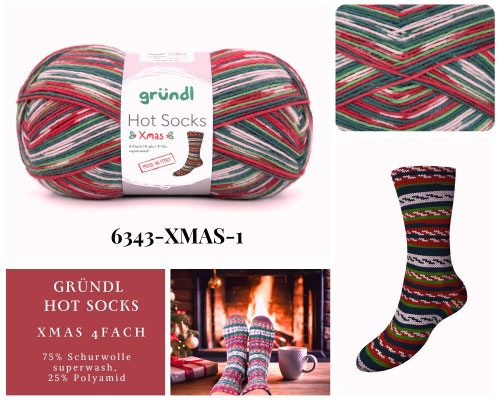 Das Foto zeigt das Wollknäuel und den Socken der Sockenwolle Gründl Hot Socks XMAS 4fach mit dem Farbverlauf in den Weihnachtsfarben rot und grün.