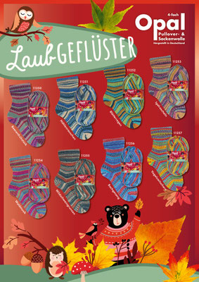 Das Foto zeigt die Farbkarte des Sockengarns Opal Laubgeflüster