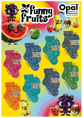 Das Foto zeigt die Farbkarte des Sockengarns Opal Funny Fruits