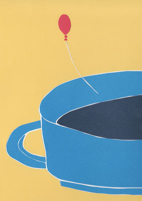 広島のイラストレーター、絵本作家であるミヤタタカシ切り絵イラスト「コーヒーと風船」