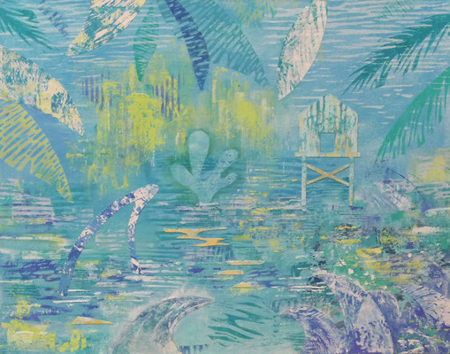 "Beach house in the surf" Oil, Lino, cut and painted papers on wood, 61 x 48 cm