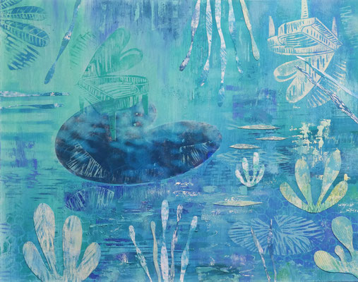 "The sound of water" Oil, Lino, cut and painted papers, print on wood, 61 x 48 cm