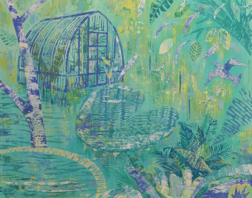 "Green Time" Oil, Lino, cut and painted papers on wood, 61 x 48 cm