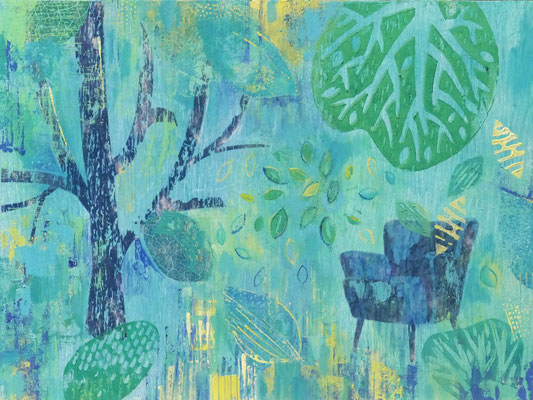 "Silent seat" Oil, Acryl, Lino, Print on wood, 40 x 30 cm