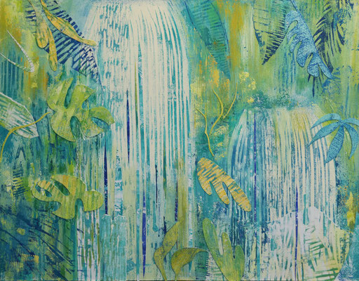 "The weeping water" Oil, Lino, painted papers on wood, 61 x 48 cm
