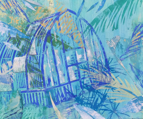"Blue Serre" Oil, Acryl, Lino, Print on wood, 30 x 24 cm