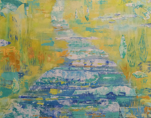 "Flow" Oil, Lino, painted papers on wood, 61 x 48 cm
