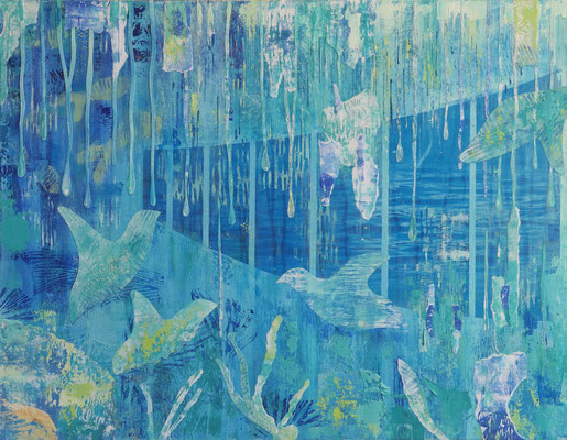 "Under the rain" Oil, Lino, painted papers, print on wood, 61 x 48 cm