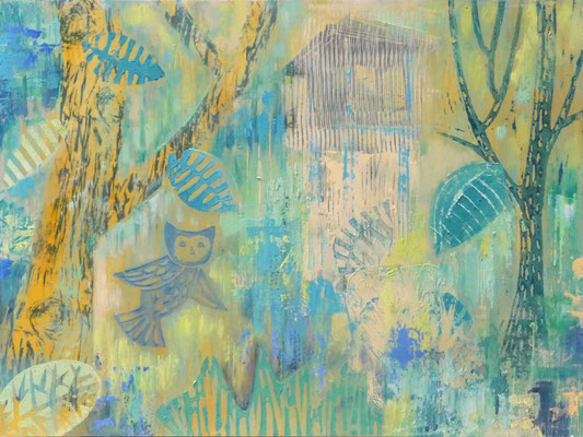 "Birdwatching" Oil, Acryl, Lino, Print on wood, 40 x 30 cm