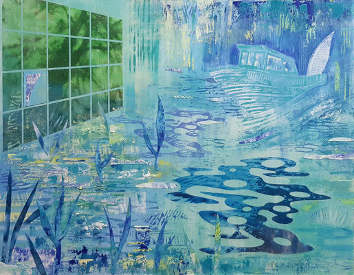 "Destination" Oil, Lino, cut and painted papers, print on wood, 61 x 48 cm