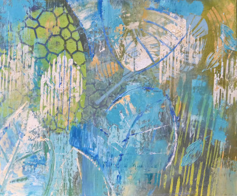 "Greenery" Oil, Acryl, Lino, Print on wood, 30 x 24 cm