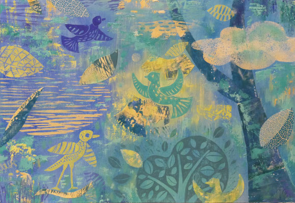 "Spring fever" Oil, Acryl, Lino, Painted and cutted papers on wood, 65 x 45 cm