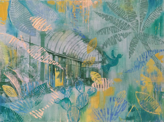 "Green light" Oil, Acryl, Lino, Print on wood, 40 x 30 cm