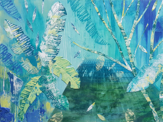 "Botanique" Oil, Lino, painted papers, photo print on wood, 40 x 30 cm