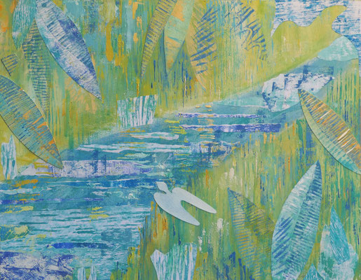 "Crossing the deep river" Oil, Lino, painted papers on wood, 61 x 48 cm